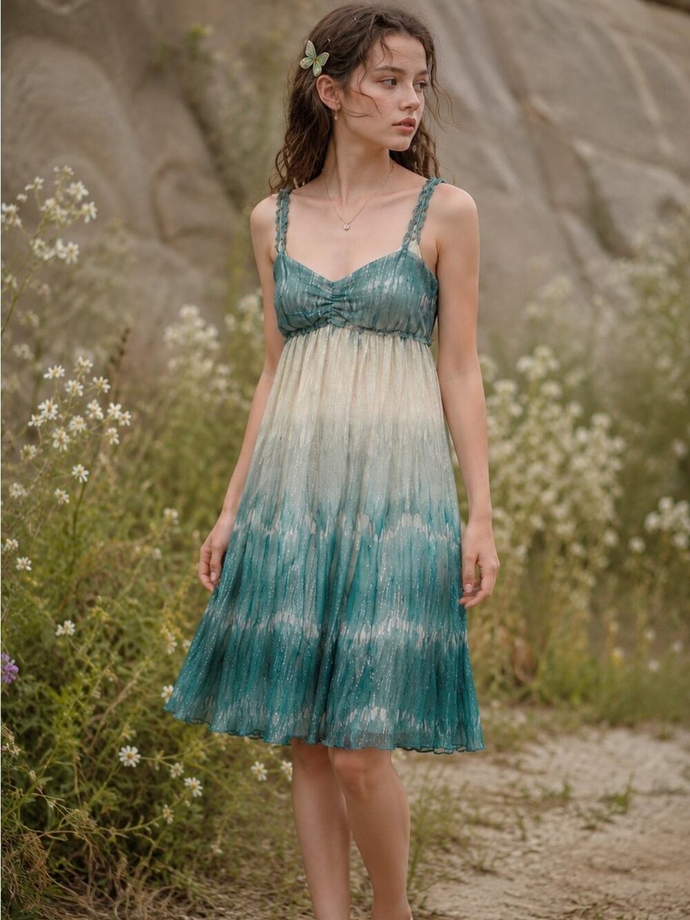 Antonio Melani Y2K Silk Fairy Ocean Sparkle Babydoll Empire Waist Mini Dress